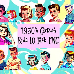 MID CENTURY PNG Elements Download "1950's Cartoon Kids" Clipart 10 Pack Graphic Design Retro Kitsch Atomic Starburst High Res 300dpi