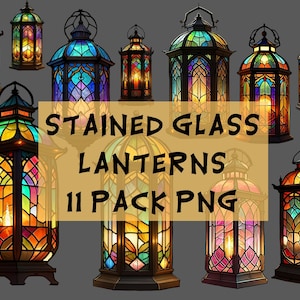 May include: Eleven stained glass lanterns with intricate designs and colorful patterns. The lanterns are lit with candles and cast a warm glow. The lanterns are perfect for adding a touch of whimsy and charm to any home.