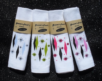 Starburst Diamonds Tea Towels Pack of 4 Vintage Mid Century Retro Kitsch Colours Kitchen Tea Towel Dining Bathroom Hand Towels Brand New