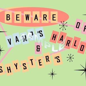 Pode incluir: Um gráfico de estilo retro com fundo verde e caixas de texto rosa, laranja e azul. O texto diz "Beware of Vamp's & Shyster's Harlot's". O gráfico é decorado com estrelas pretas.