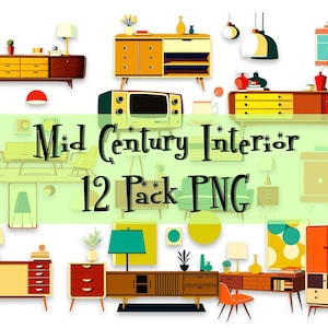 MID CENTURY PNG-Elemente Download &quot;Mid Century Interior&quot; Clipart 12er-Pack Grafikdesign Retro Kitsch Atomic Starburst High Res 300dpi