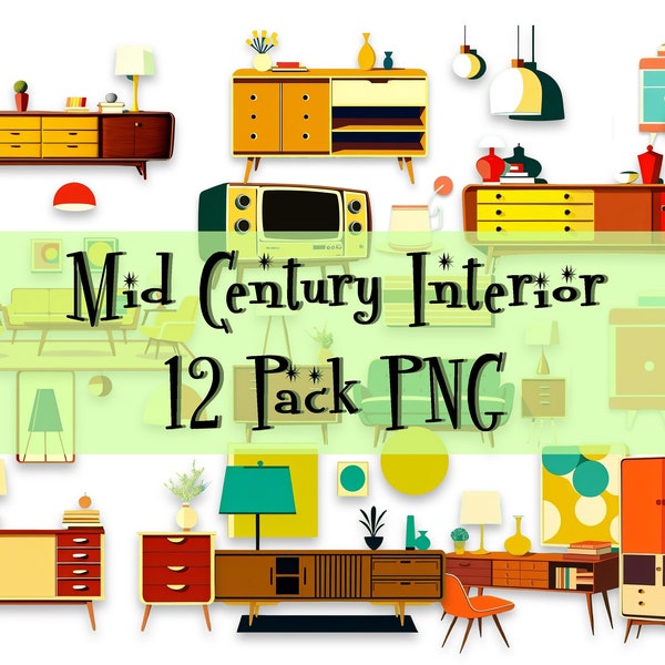 MID CENTURY PNG Elements Download "Mid Century Interior" Clipart 12 Pack Graphic Design Retro Kitsch Atomic Starburst High Res 300dpi