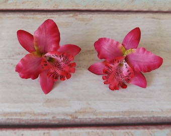 Hair Clip On Orchids DARK PINK Pair (2 Items) Flowers Tiki Pinup Rockabilly Faux Floral Tropical Clips Duo Beach Party Hawaiian
