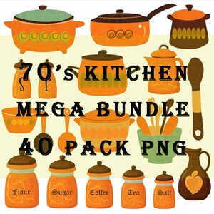 May include: A set of 40 vintage kitchen clipart images in PNG format. The images feature various kitchen items in orange, brown, and green colors, including pots, pans, bowls, jars, and a pitcher. The text "70's Kitchen Mega Bundle 40 Pack PNG" is displayed in black.