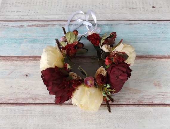 Chic Burgundy Floral Headwrap Fall Flower Crown Burgundy Orange Bridal Head Piece Rust  main image 4