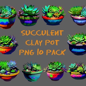 Puede incluir: Diez macetas de arcilla coloridas con suculentas. Cada maceta tiene un diseño diferente con colores y patrones brillantes. Las macetas están dispuestas en tres filas con tres macetas en cada fila. El texto "Succulent Clay Pot PNG 10 Pack" está escrito en naranja debajo de las macetas.