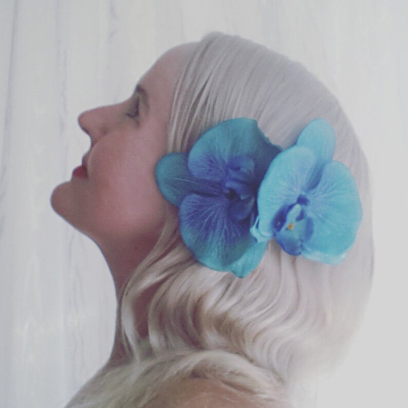 Flowers Tiki Pinup Rockabilly Faux Floral Tropical Clips Duo Beach Party Hawaiian Floral Lily Pad Orchids Clip On Hair BLUE Pair 2 Items