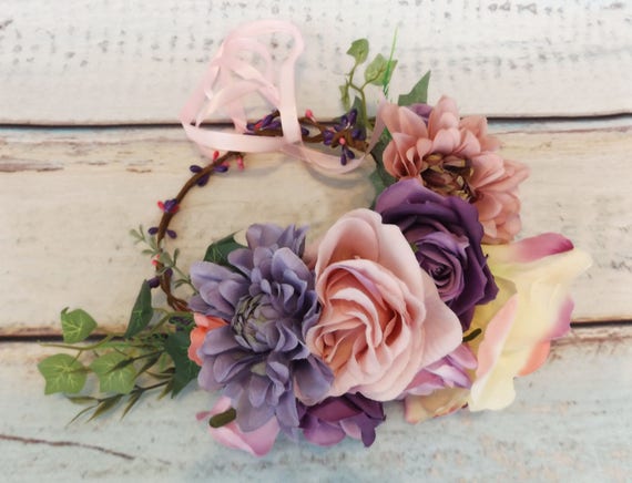 Hair Flower Garland Race Day Pink Ivory & Purple Half Head 