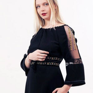 Embroidered Folk Dress: Custom Romanian Style Tulle Sleeve Dress