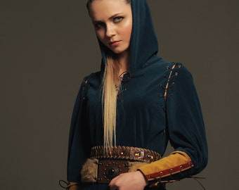 Women medieval dress Elf costume/Dark blue elf costume with birds embroidery corset belt and leather bracers/Cosplay medieval elf