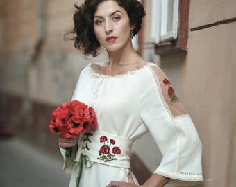Ivory white embroidery poppies sleeve dress and corset belt/The poppy wedding dress