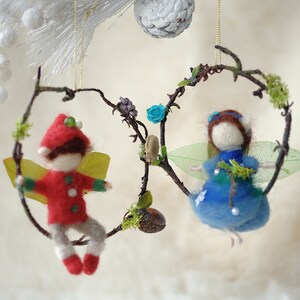 Needle felted ornaments/Christmas wool ornaments/Miniature wool sculpture/fairy couple ornament/Elves couple ornament/Boy and girl ornament image 1