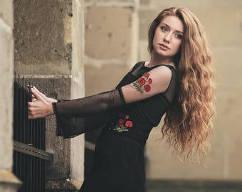 Black embroidery poppies dress  with corset belt