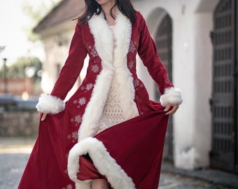 Robe De Noël Femme Manches Longues - Imprimé Festif, Col V En Fausse Fourrure - Élégante Pour Soirées Et Fêtes