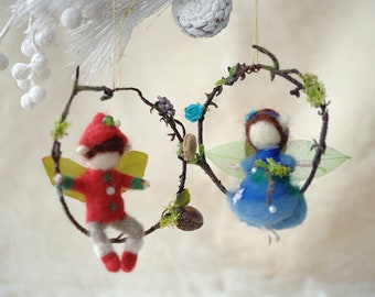 Needle felted ornaments/Christmas wool ornaments/Miniature wool sculpture/fairy couple ornament/Elves couple ornament/Boy and girl ornament