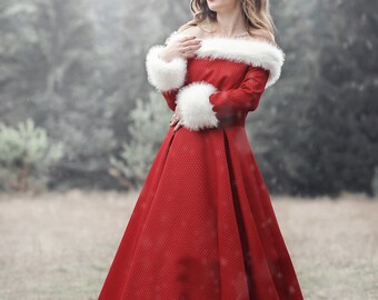 Luxury Mrs. Claus Dress: Red Christmas Maxi Dress With White Fur - Etsy