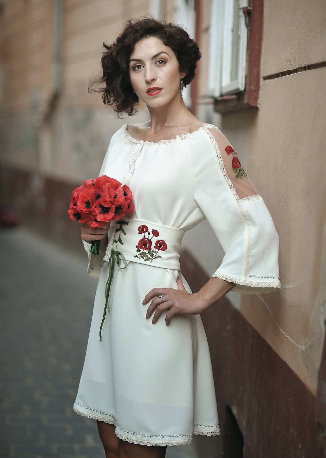 Poppy Embroidery Wedding Dress: Handmade Floral Midi Dress