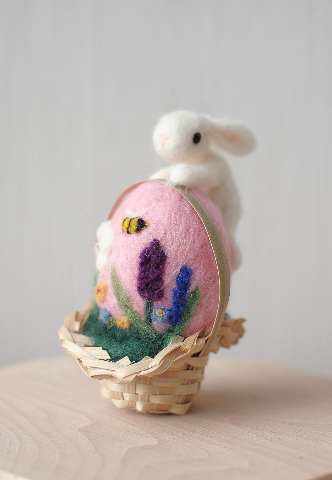Needle Felted Easter Bunny and Egg Basket Ornament, Miniature Wool ...