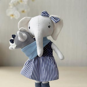 Handmade Linen Mom and Baby Elephant Dolls: Soft Stuffed Animal