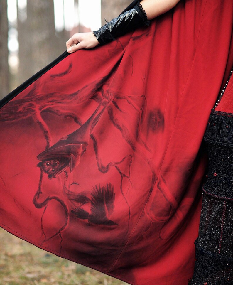 May include: A red cloak with a black border and a dark illustration of a bat and a raven. The cloak is held up, revealing the detailed artwork on the inside. The cloak is part of a gothic or fantasy-themed outfit.
