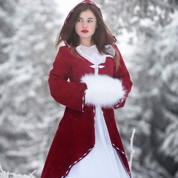 Christmas coat with large hood/Winter red  ribbed velvet coat/Women Christmas coat/Fairy Christmas coat/Christmas peplum coat