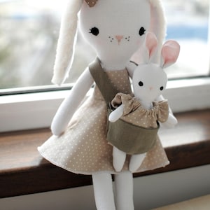 Handmade Linen Mother and Baby Bunny Dolls: Soft Stuffed Animals