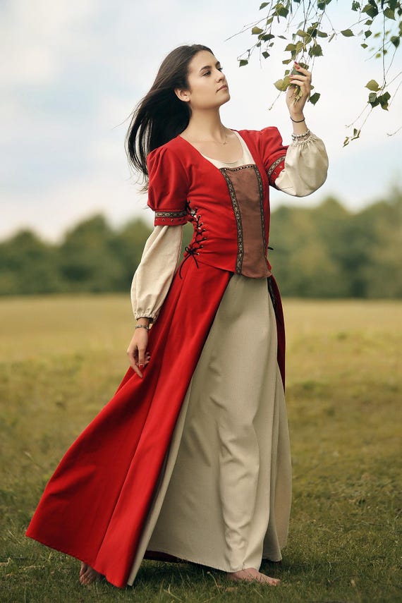 Medieval Elegance Set  Linen Dress With Velvet Bodice and Open Skirt - Etsy