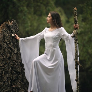 White Fairy Dress: Medieval Wedding Gown with Bell Sleeves