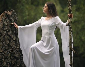 Robe médiévale blanche avec manches cloche/Robe de fée blanche/Robe de mariée médiévale/Robe de mariée de fée/Maxi robe blanche