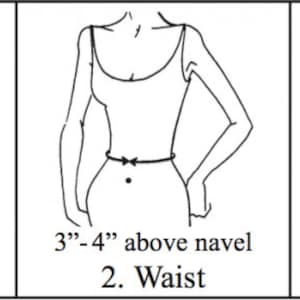 Puede incluir: Diagrama que muestra c&oacute;mo medir el busto, la cintura y la cadera. La medida del busto se toma alrededor de la parte m&aacute;s llena del pecho. La medida de la cintura se toma alrededor de la parte m&aacute;s estrecha del torso, 3-4 pulgadas por encima del ombligo. La medida de la cadera se toma alrededor de la parte m&aacute;s ancha de las caderas.