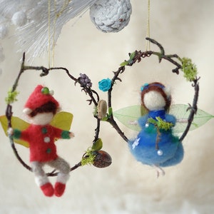 Needle felted ornaments/Christmas wool ornaments/Miniature wool sculpture/fairy couple ornament/Elves couple ornament/Boy and girl ornament image 2