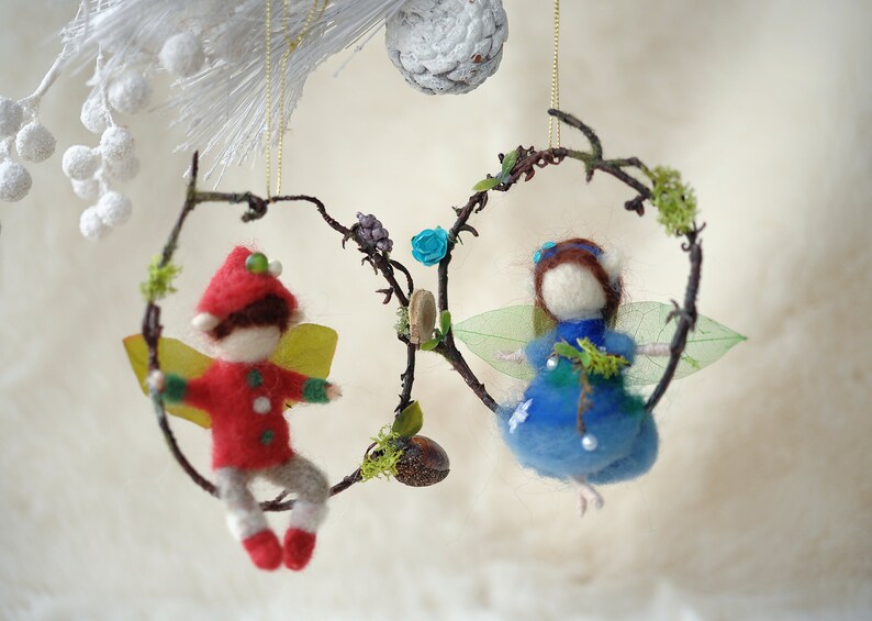 Needle felted ornaments/Christmas wool ornaments/Miniature wool sculpture/fairy couple ornament/Elves couple ornament/Boy and girl ornament image 2