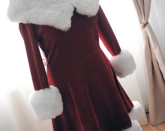 mrs claus dress short Mrs. Claus Costume Velvet Hooded Dress with Belt Red