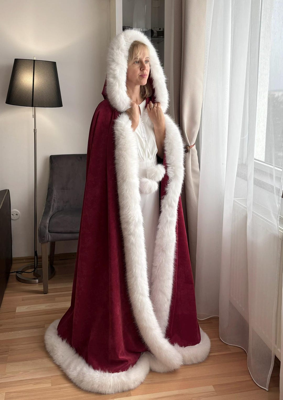 Handmade Christmas Hooded Cape – Velvet Corduroy Cloak With Faux