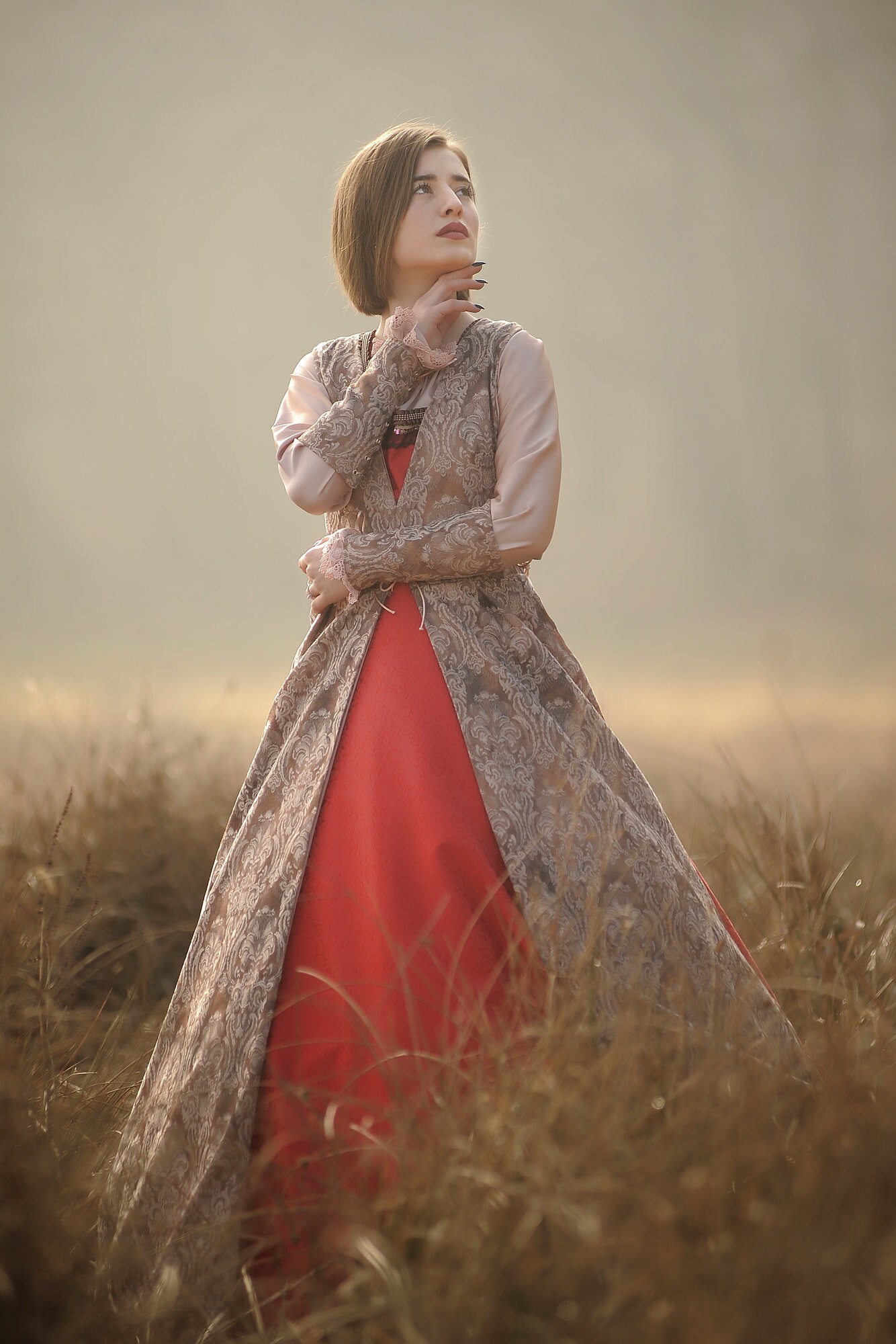 Baroque Luxurious Wedding Costume - 5 Piece Custom Made Ensemble With Brocade Dress