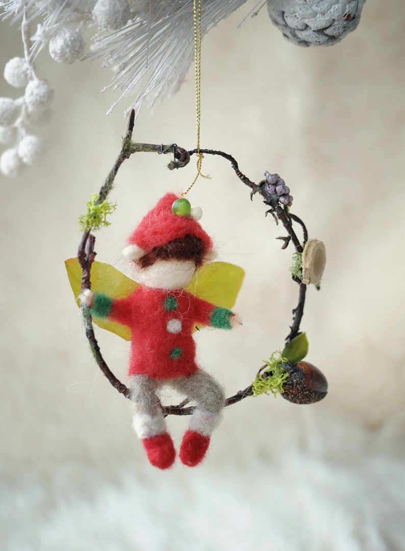 Needle felted ornaments/Christmas wool ornaments/Miniature wool sculpture/fairy couple ornament/Elves couple ornament/Boy and girl ornament image 3