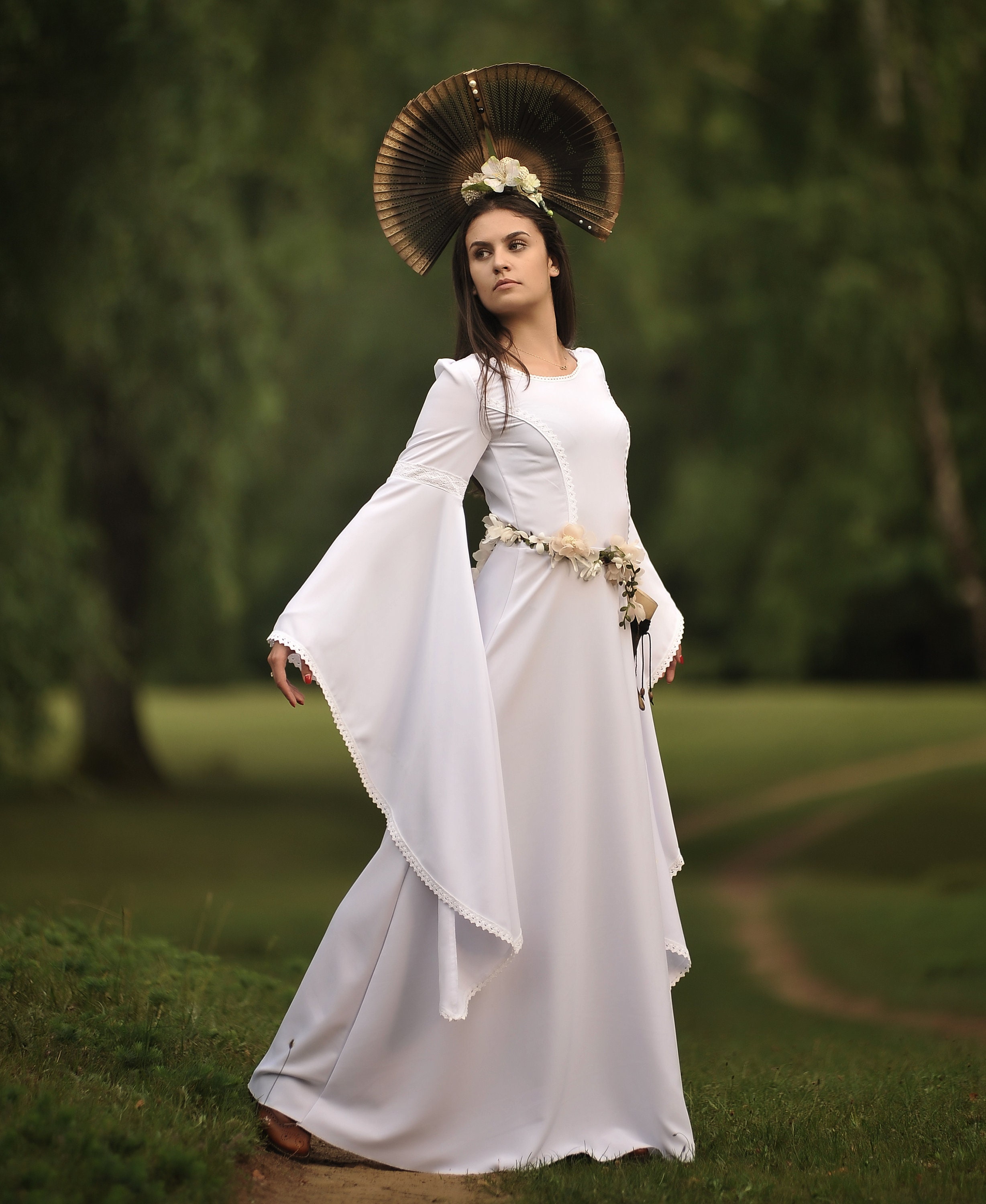 White Medieval Dress With Bell Sleeves ...