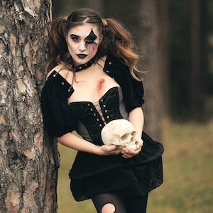 Handmade Gothic Corset Dress – Black Velvet Lace-Up Mini Outfit, Drag Queen