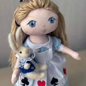 Alice in Wonderland Handmade Doll with Needle Felted White Rabbit