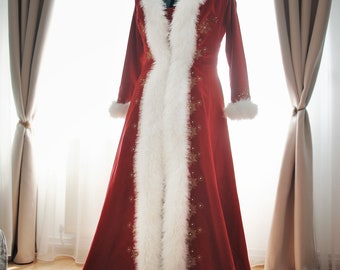 Royal Christmas outfit/ Lady Claus luxury maxi overcoat/ Mrs Claus elegant coat/ Christmas wedding red and gold coat/ Christmas velvet coat