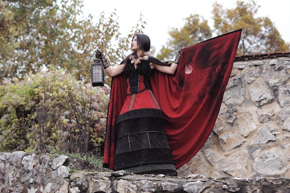 Gothic Victorian Vampire Costume, Hand-Painted Cloak, Dracula Ensemble, Fantasy Couture Halloween Outfit