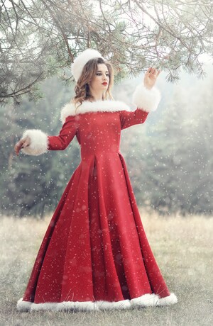 Robe De Noël Femme Manches Longues - Imprimé Festif, Col En V Fourrure, Tenue Soirée élégante