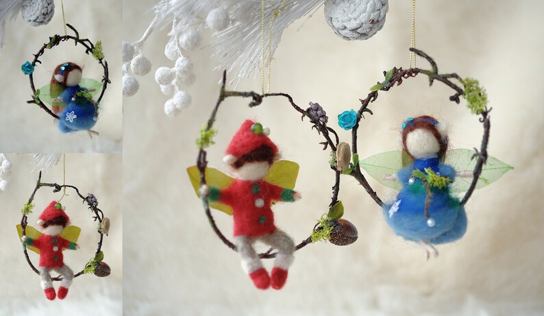 Needle felted ornaments/Christmas wool ornaments/Miniature wool sculpture/fairy couple ornament/Elves couple ornament/Boy and girl ornament image 1