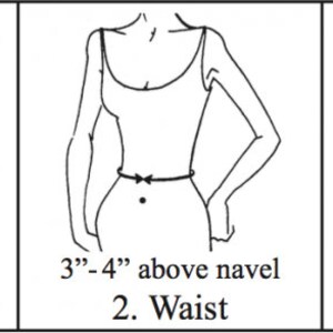May include: Diagram showing how to measure bust, waist, and hip. The bust measurement is taken around the fullest part of the chest. The waist measurement is taken around the narrowest part of the torso, 3-4 inches above the navel. The hip measurement is taken around the widest part of the hips.