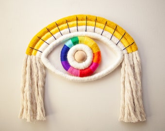Fiber Sculpture Eye Wallhanging in Rainbow
