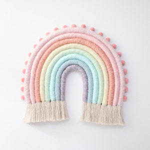 Pastel Large Fiber Rainbow Wall Hanging with Pom Poms