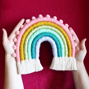 Fiber Rainbow Colorful with Pom Poms Wall Hanging image 2