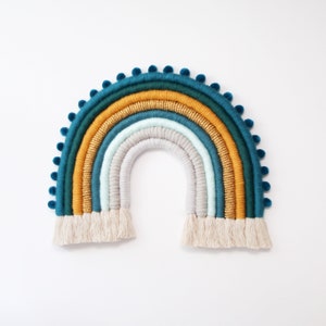 Large Fiber Rainbow "Blue Sea" with Pom Poms Wall Hanging