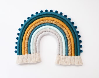 Large Fiber Rainbow "Blue Sea" with Pom Poms Wall Hanging