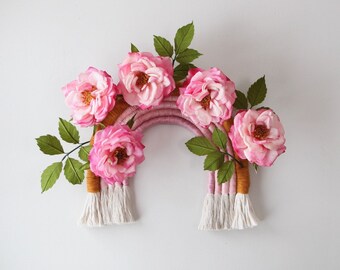 Floral Fiber Art Rainbow "Ribbon Bounty" Roses Wall Hanging Paper Flower Art